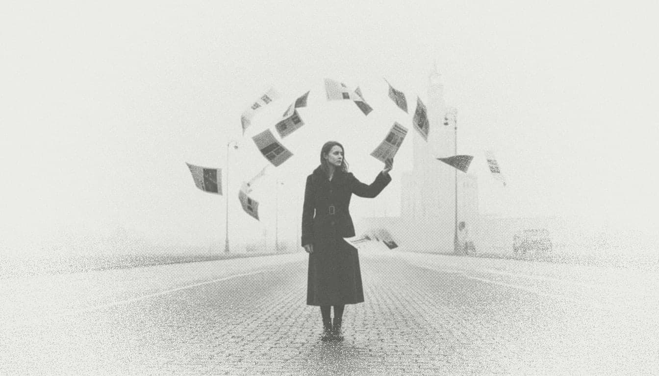 Wind lifts newspaper pages around a young woman on a Warsaw street; she has caught one and is reading it. The Palace of Culture behind.